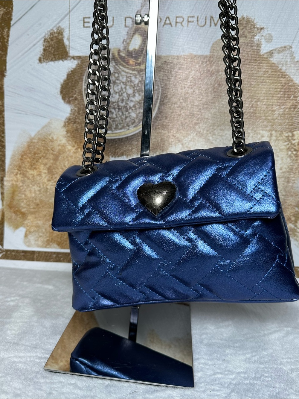 Betsey Johnson Quilted Navy Satin Crossbody with Heart Accent
